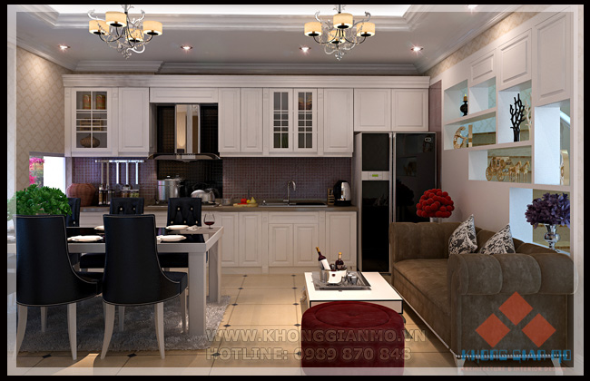 Thiết kế nội thất phòng bếp - Phòng bếp nhà Anh Thắng được KTS thiết kế theo phong cách "Tân cổ điển". Vừa quý phải vừa sang trọng lại vừa tiện nghi. Với tông màu chủ đạo là màu trắng, kết hợp với màu đen.